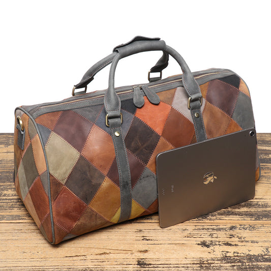 Vintage Genuine Leather Travel Bag – First Layer Cowhide Rhombus Holdall for Men & Women