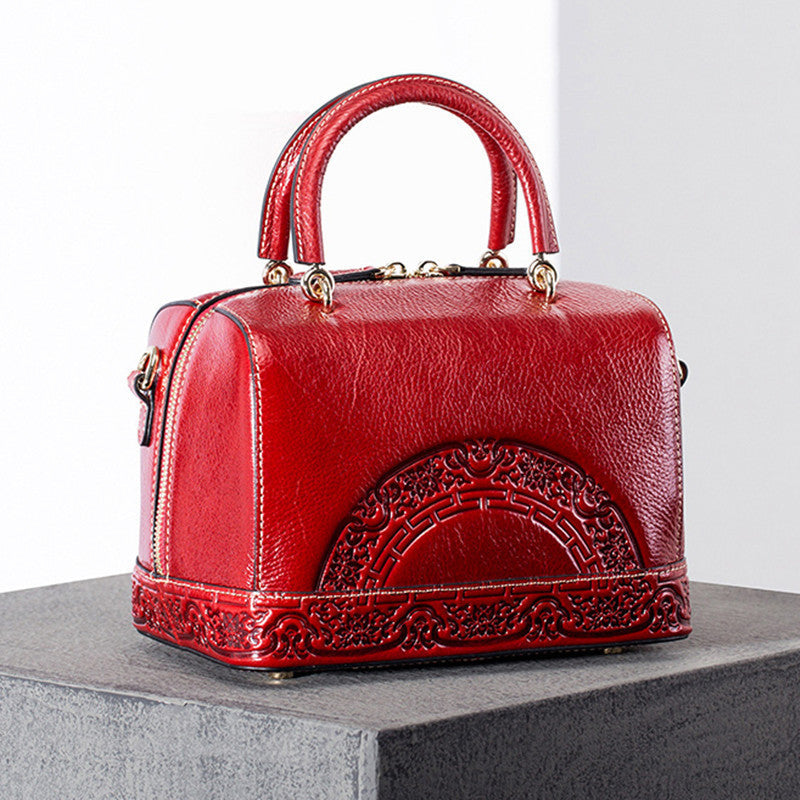 Women's Genuine Leather Embossed Handbag – Spring Fashion Street Trend Bag in Red