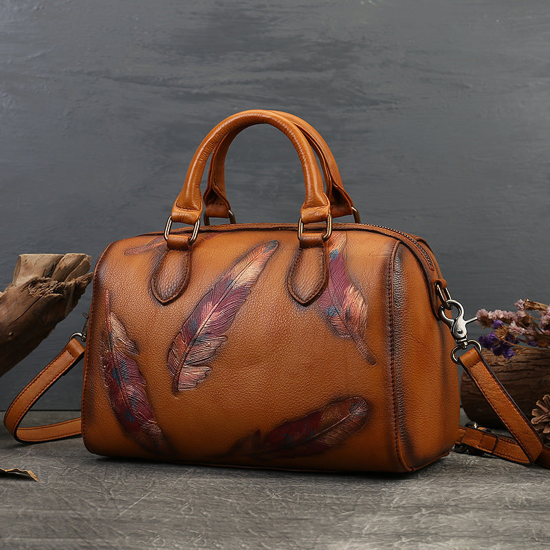 Women's Feather Embossed Leather Casual Bag – Textured Everyday Shoulder Bag