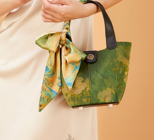Women's Silk Chinese Style Clutch Bag – Tianxu Vegetable Basket Bag with Tassel & Scarf