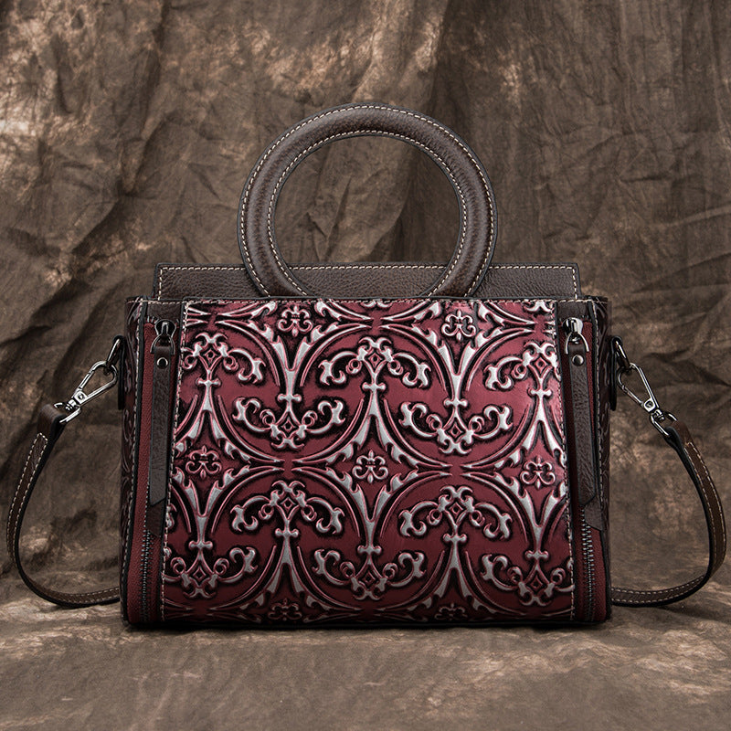 Women's Retro First-Layer Cowhide Embossed Shoulder & Crossbody Bag – Genuine Leather Handbag