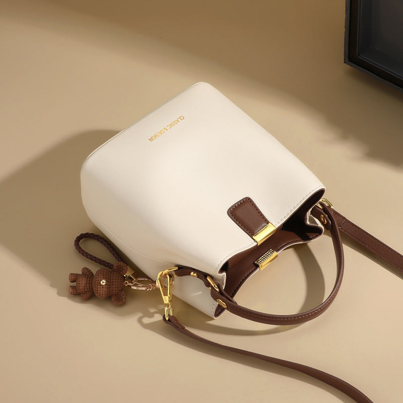 Women's Genuine Leather Crossbody Bucket Bag – Stitched Streetwear Shoulder Bag
