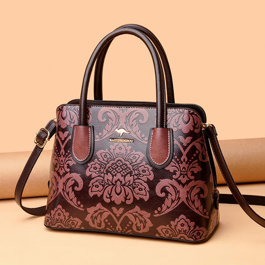 Women's Cowhide Ethnic Floral Embossed Shoulder Bag – Large Genuine Leather Crossbody with Card Bag