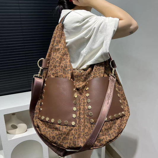 Women's Retro Leopard Print Bucket Bag – Large Capacity PU Patchwork Handbag