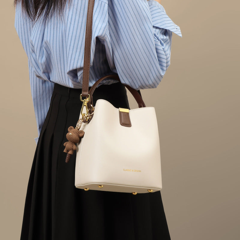 Women's Genuine Leather Crossbody Bucket Bag – Stitched Streetwear Shoulder Bag