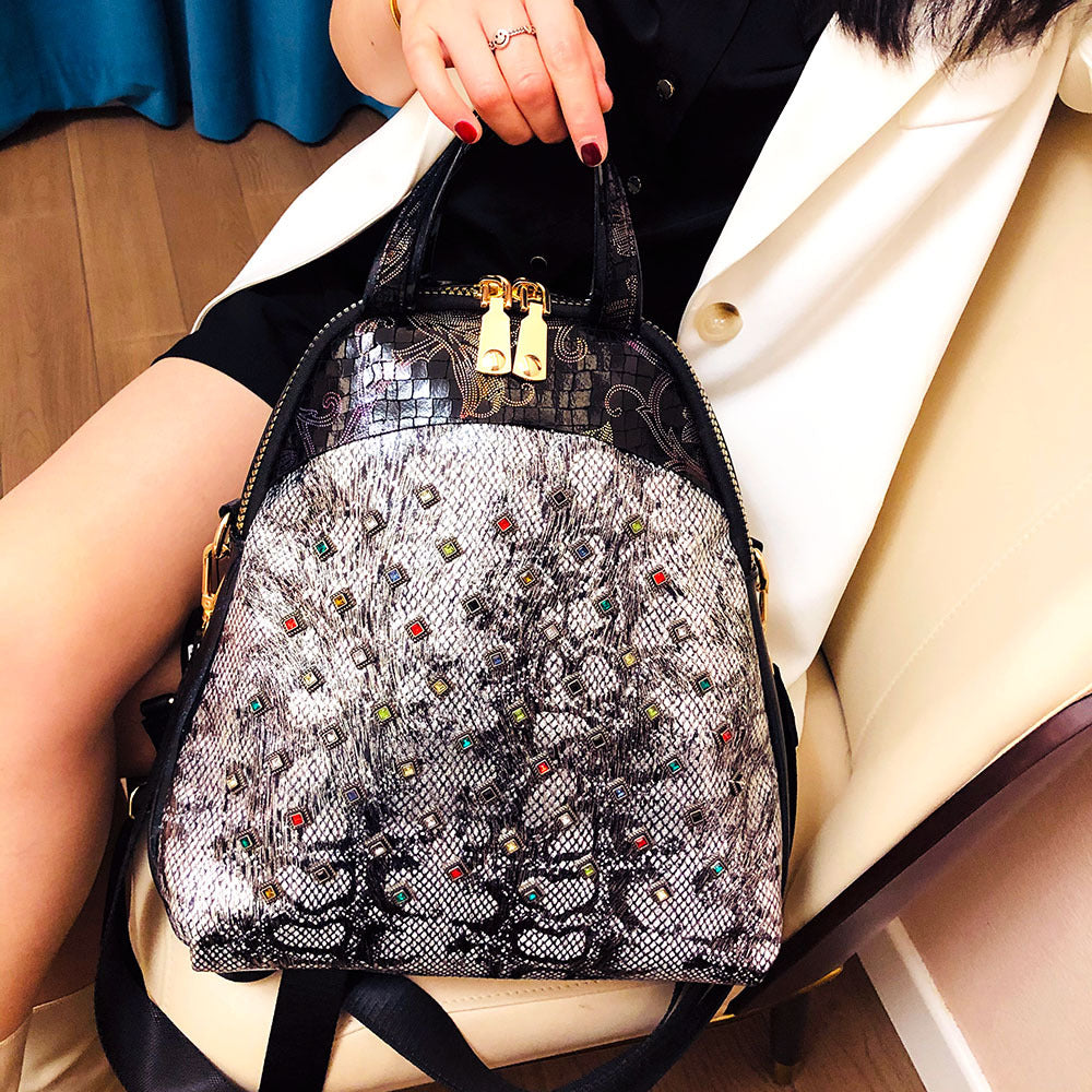 Women's Top Layer Cowhide Shell Backpack – Rhinestone Snake Pattern Genuine Leather Bag