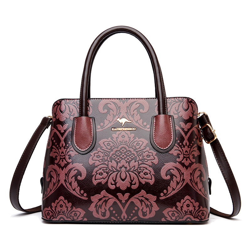 Women's Cowhide Ethnic Floral Embossed Shoulder Bag – Large Genuine Leather Crossbody with Card Bag