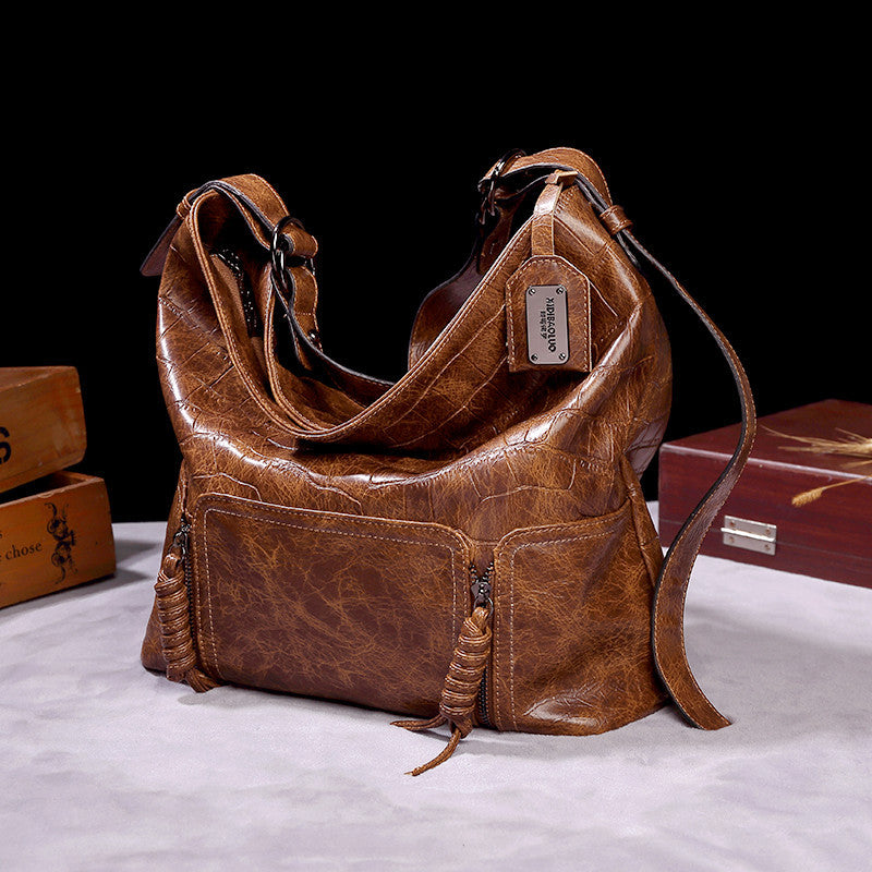 Women's Embossed Genuine Leather Bucket Bag – Retro Underarm Shoulder Crossbody