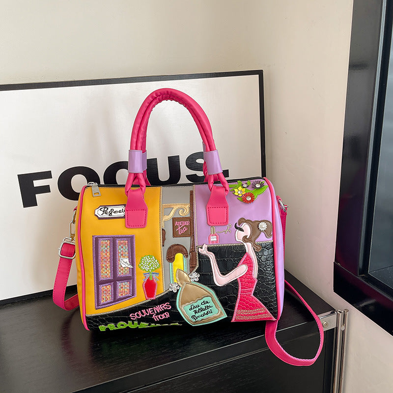 Women's Premium Boston Bag – High-Capacity Embroidered Patchwork Handbag