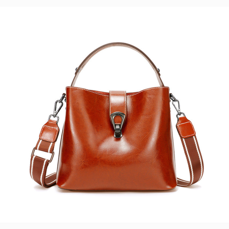 Women's Genuine Leather Bucket Bag – Oil Wax Shoulder & Crossbody Bag