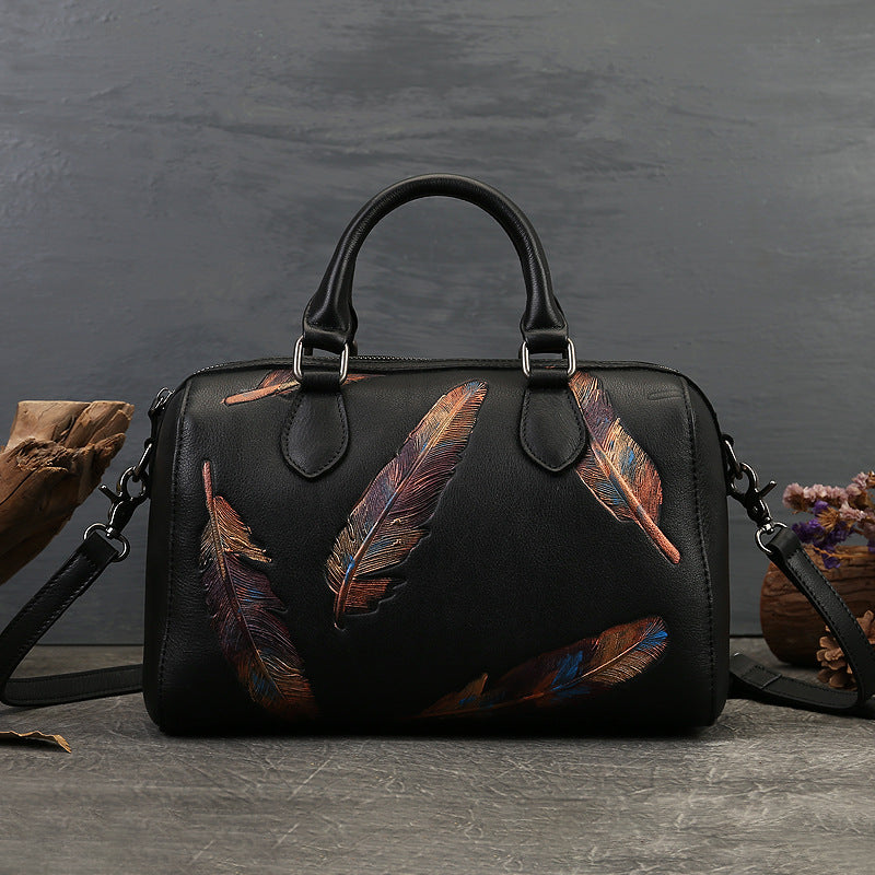 Women's Feather Embossed Leather Casual Bag – Textured Everyday Shoulder Bag