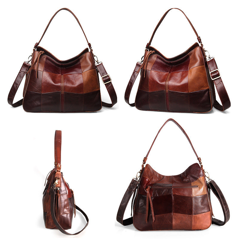 Women's First Layer Cowhide Colour Stitching Bucket Bag – Lacquered Genuine Leather Shoulder Bag