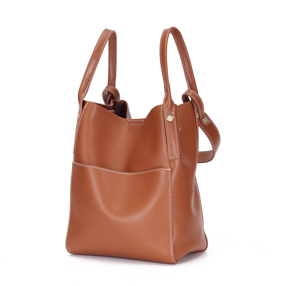 Women's Two-Layer Cowhide Bucket Bag – Soft Leather Mother & Child Shoulder Bag