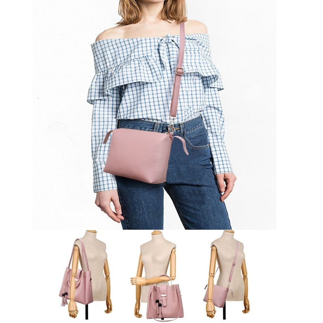 Women's 3-Piece Tassel Handbag Set – Tote, Crossbody & Clutch in Synthetic Leather
