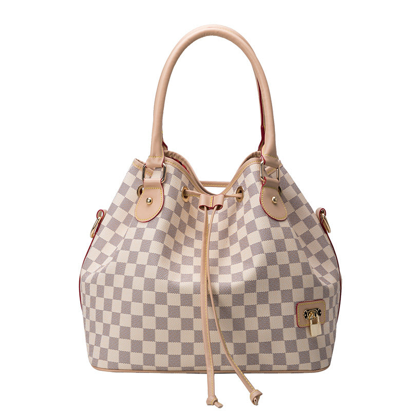 Women's Plaid PU Bucket Bag – European & American Fashion Drawstring Shoulder Bag